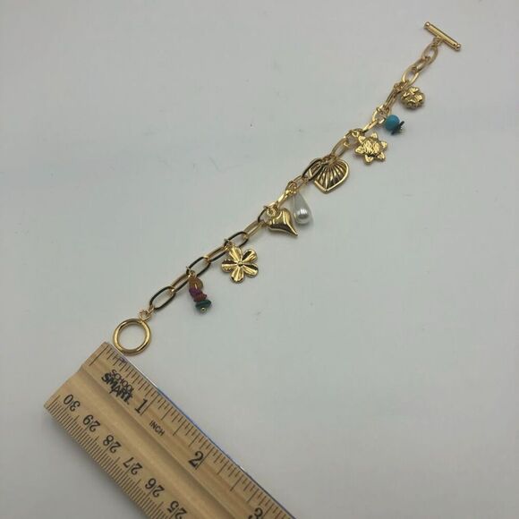 18K Gold Plated Women's Charm Bracelet Heart Sun Flower Beads Hypoallergenic - Picture 10 of 10